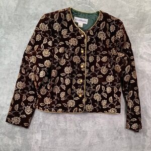 Vintage Velvet Floral Brocade Jacket Size 6 Gold Embroidered Old Money Holiday